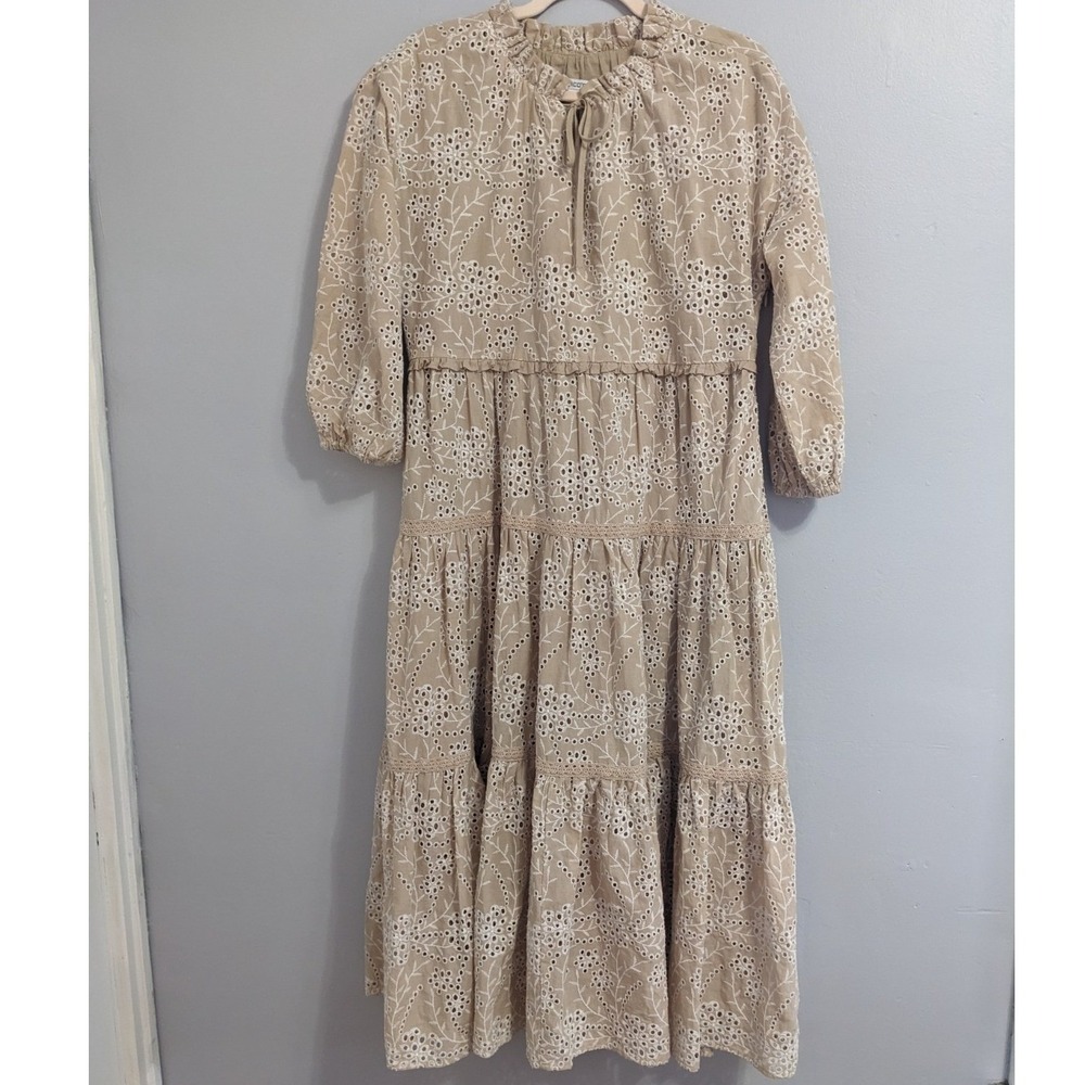 Chicos Tan Beige Cotton Eyelet Lace Tiered Midi Dress Womens Size 1 US 8 Boho